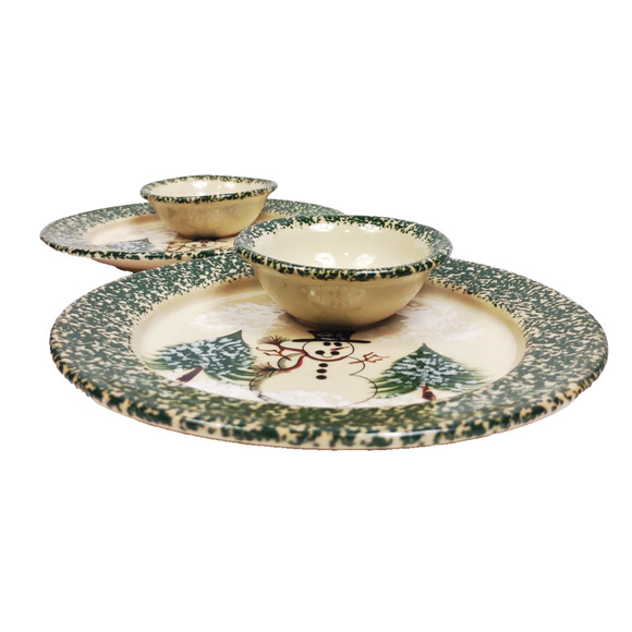 2 Handmade Chip & Dip Plates Snowman & Pines Patton Pottery White & Green 7.5" - Picture 3 of 6